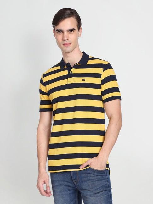 arrow sport yellow cotton regular fit striped polo t-shirt