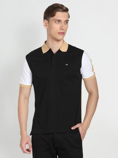 arrow sports black cotton regular fit colour block polo t-shirt