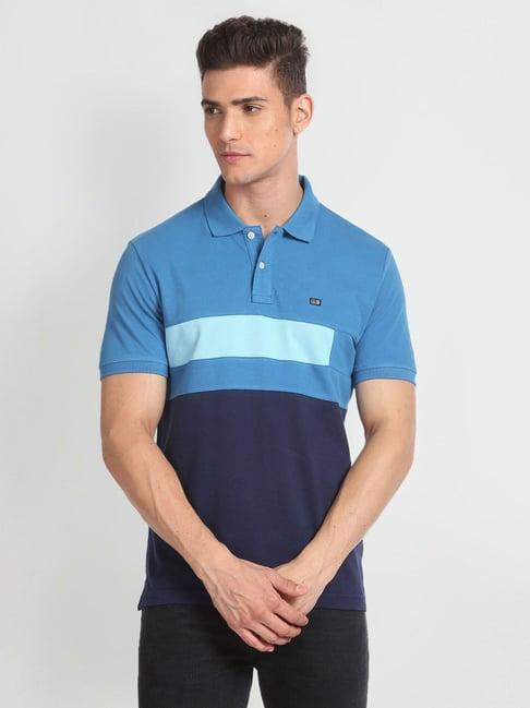 arrow sports blue & navy cotton regular fit colour block polo t-shirt