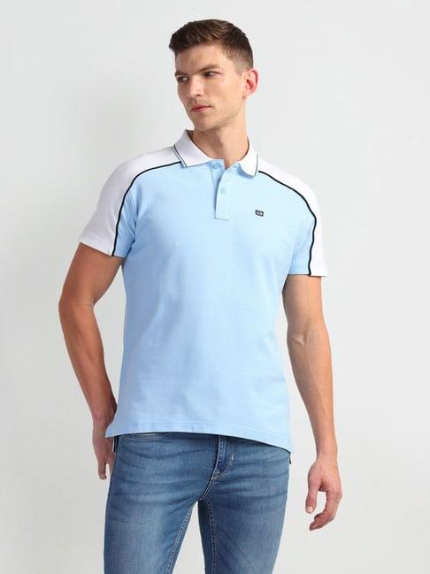 arrow sports blue cotton regular fit colour block polo t-shirt