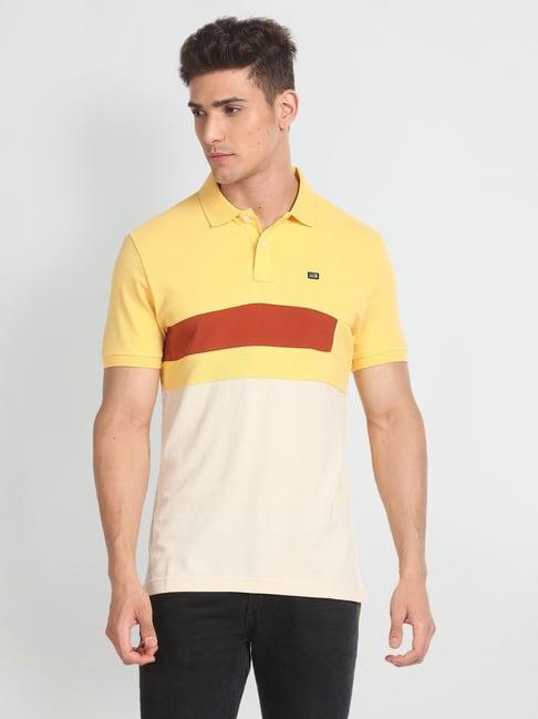 arrow sports yellow & cream cotton regular fit colour block polo t-shirt