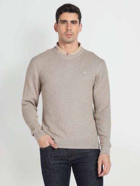 arrow stone grey regular fit self pattern sweater