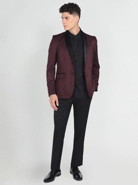 arrow wine & black regular fit self pattern three piece suit