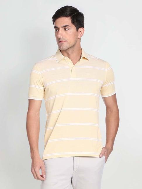 arrow yellow regular fit striped polo t-shirt