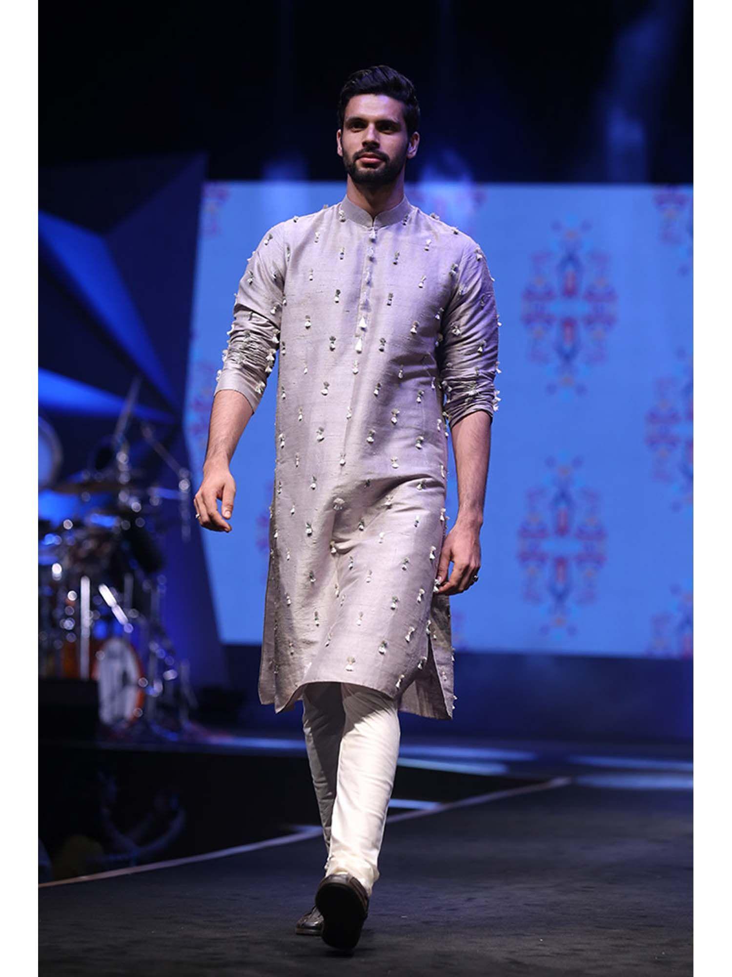 arsalan grey kurta with off-white churidar (set of 2)