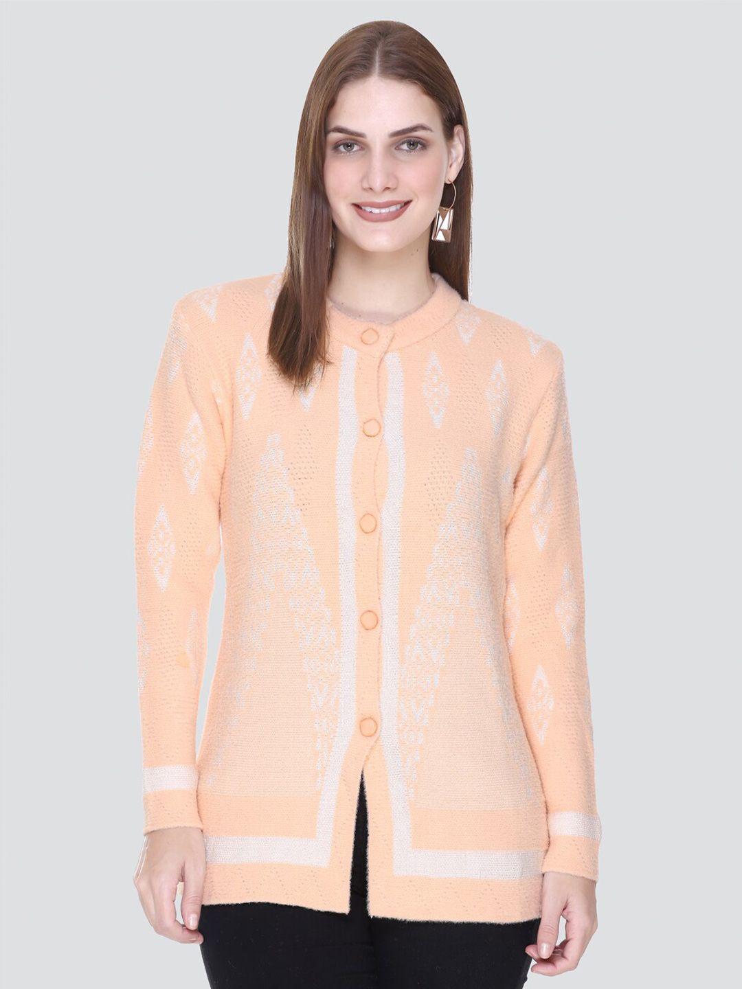 arshiya women camel brown & white printed cardigan