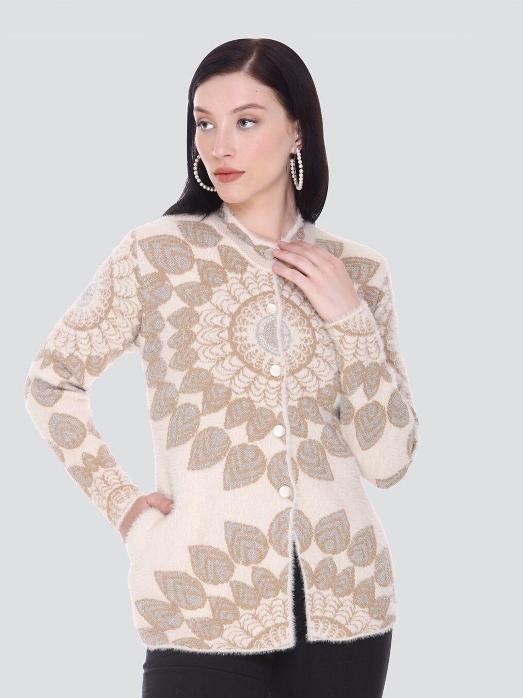 arshiya women cream-coloured & brown open front cardigan with fuzzy detail