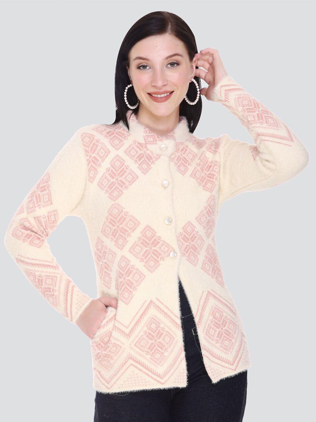 arshiya women cream-coloured & pink open front cardigan with fuzzy detail