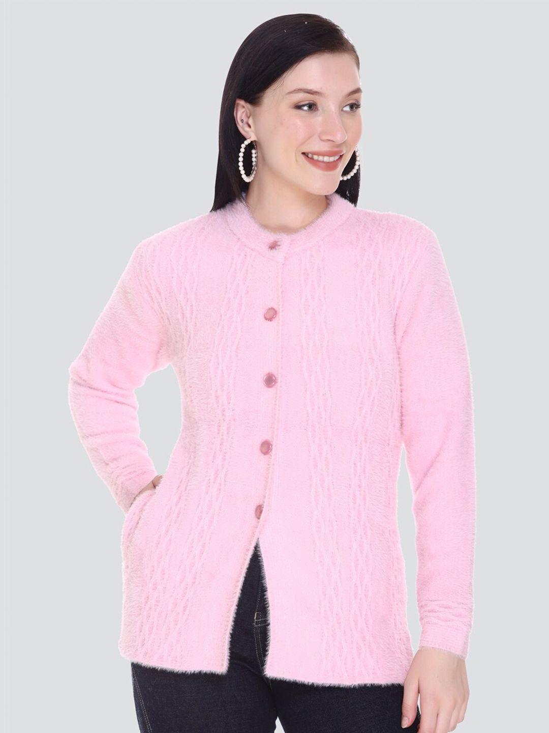 arshiya women pink cable knit open front cardigan with fuzzy detail