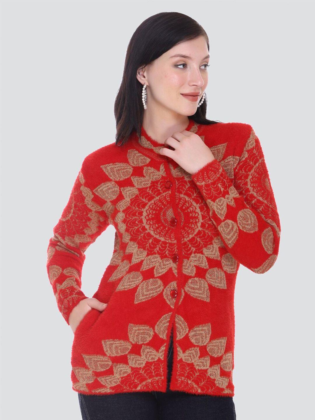 arshiya women red & brown ethnic motifs printed cardigan
