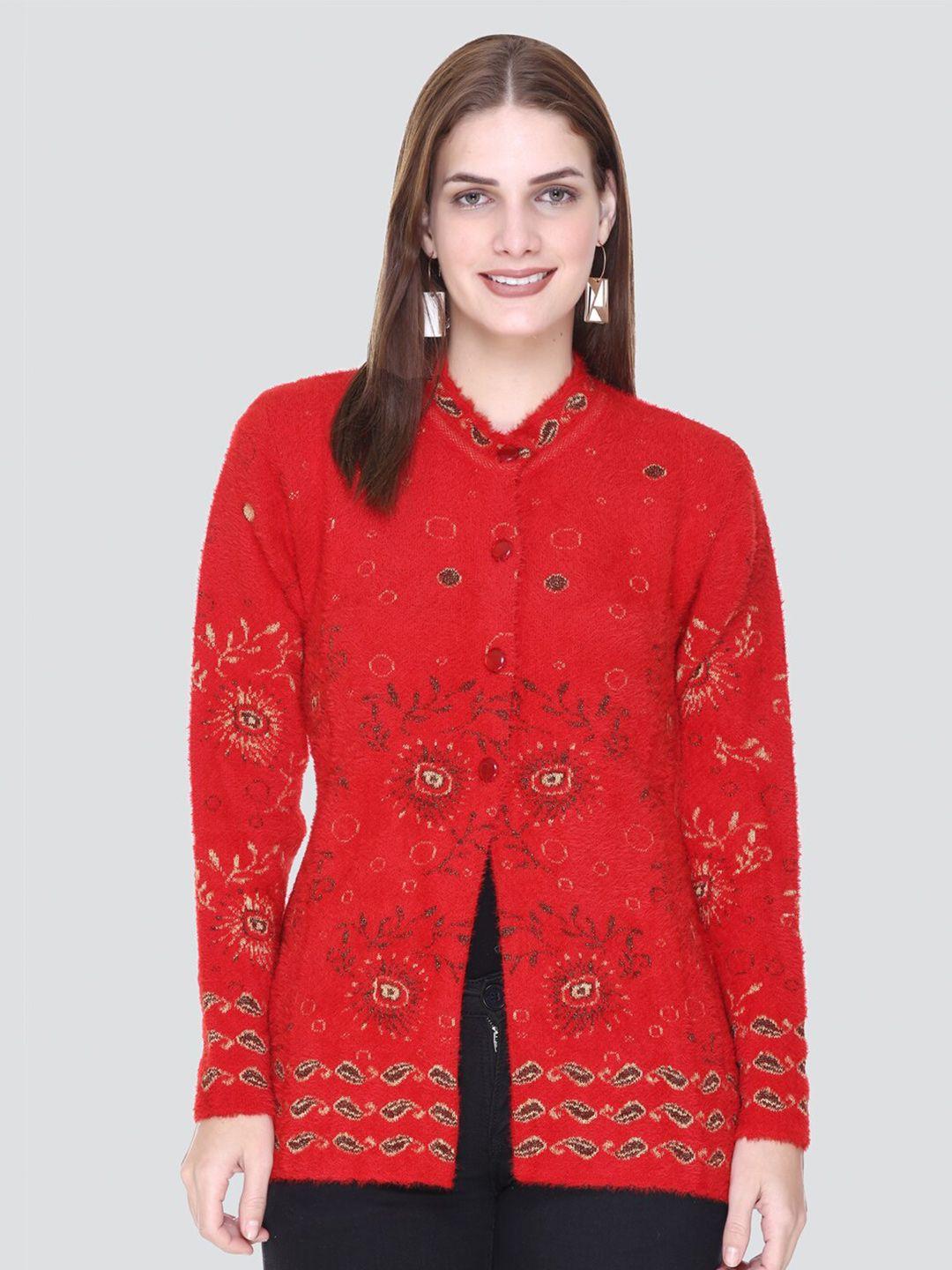 arshiya women red & brown floral printed cardigan