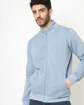 art deco print high-neck zip-front sweatshirt with insert pockets