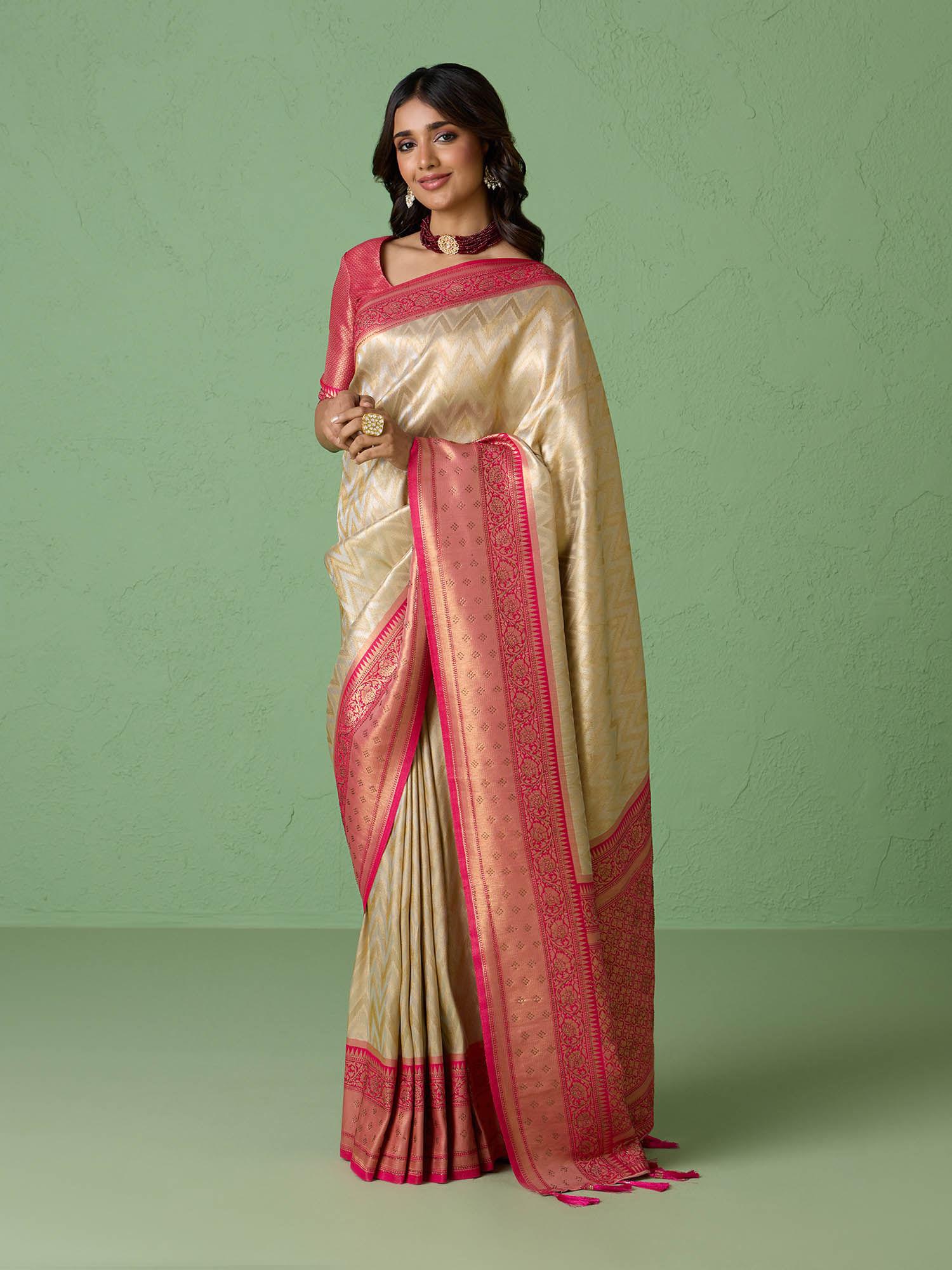 art dupion silk brocade weave beige and gold saree with unstitched blouse likpetsar05