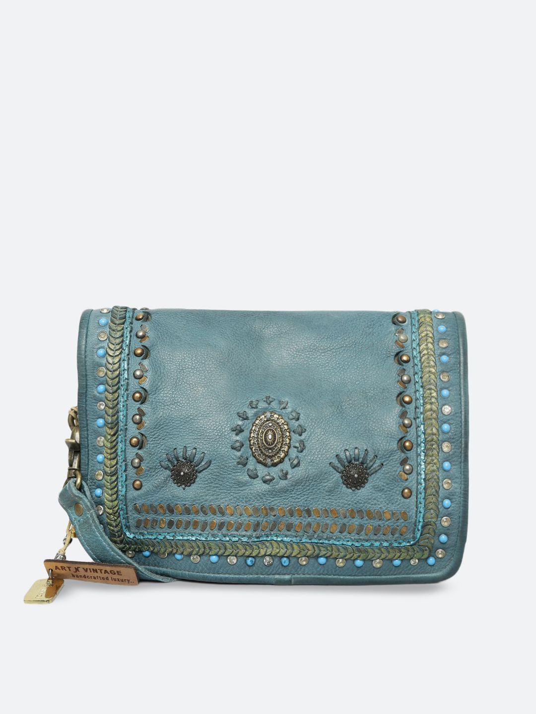 art n vintage embellished leather structured sling bag