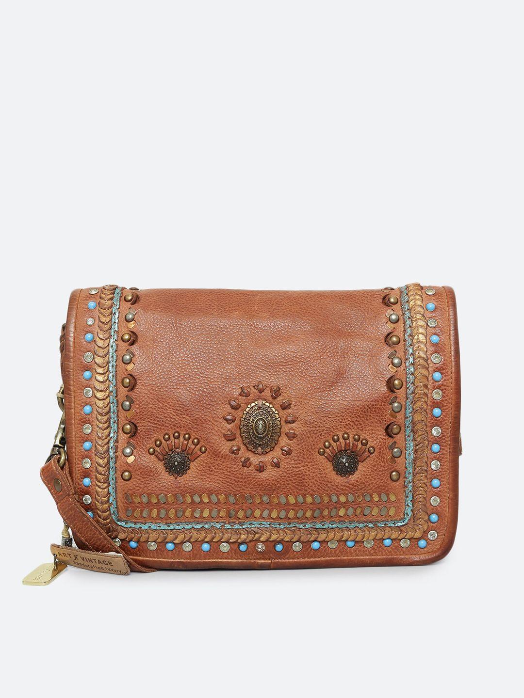 art n vintage embellished leather structured sling bag