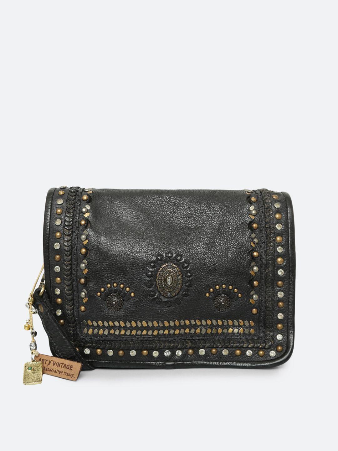 art n vintage embellished leather structured sling bag