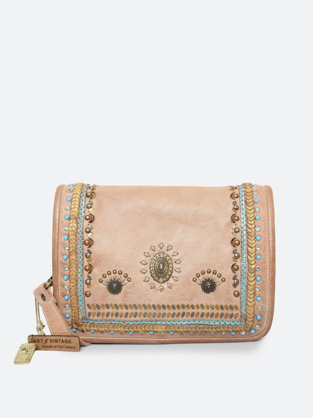 art n vintage embellished leather structured sling bag