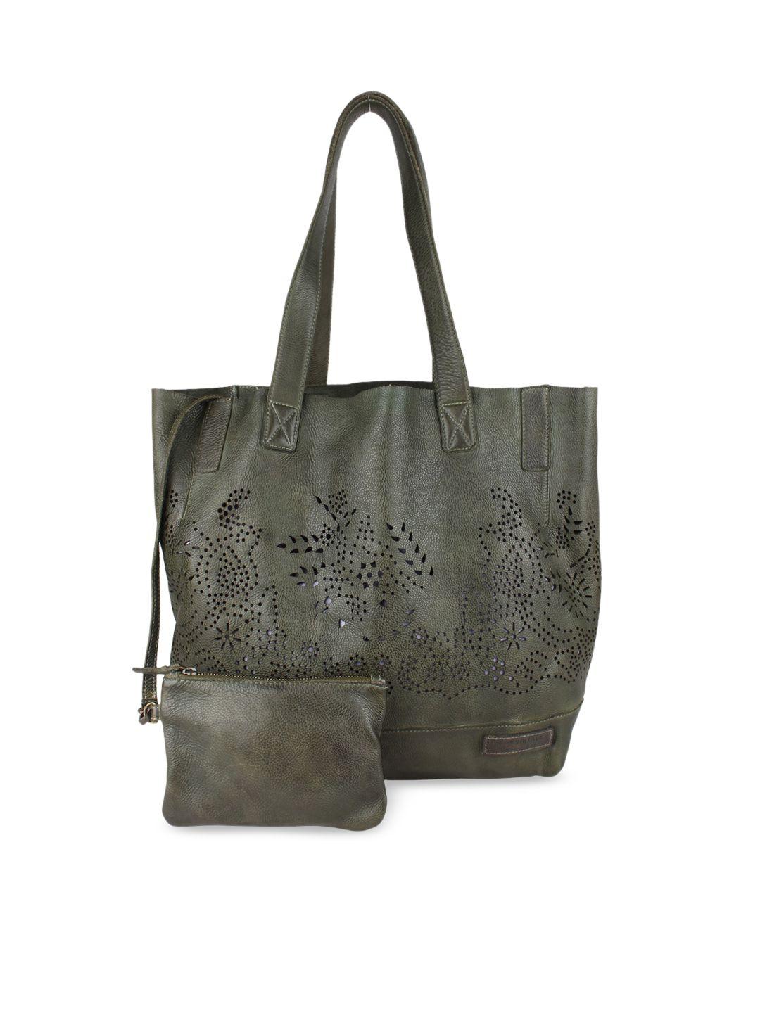 art n vintage olive green leather self design oversized shopper tote bag