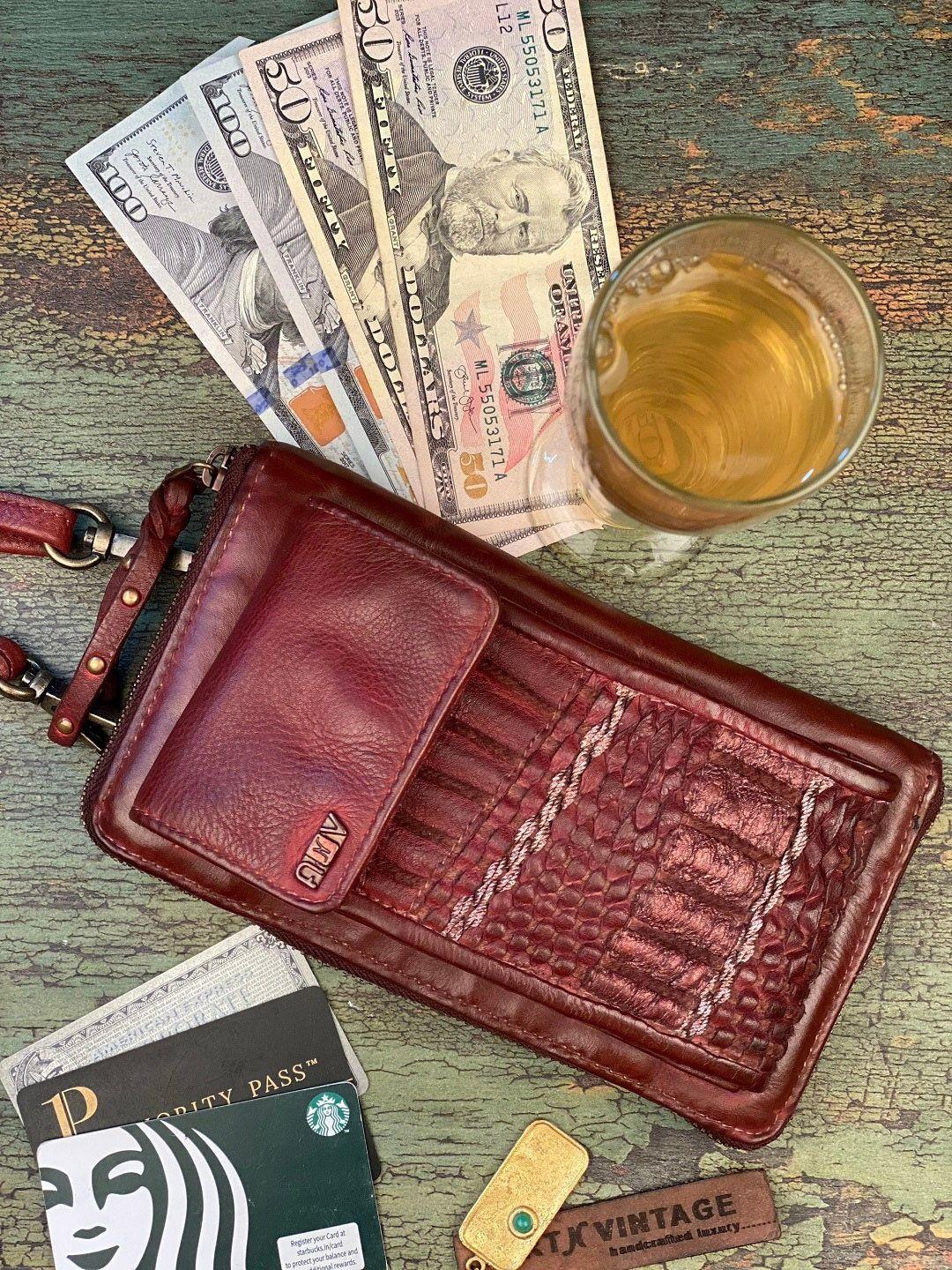 art n vintage red leather bucket handheld bag