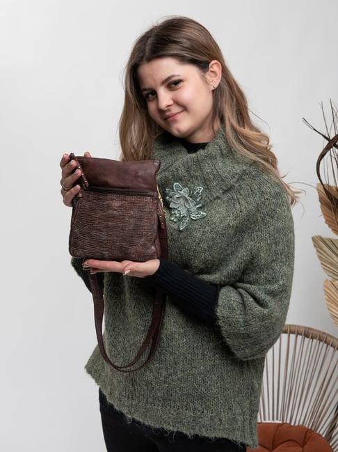 art n vintage simona brown leather textured small sling handbag