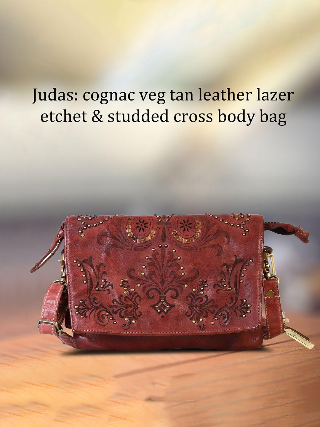 art n vintage tan printed leather shopper sling bag with cut work
