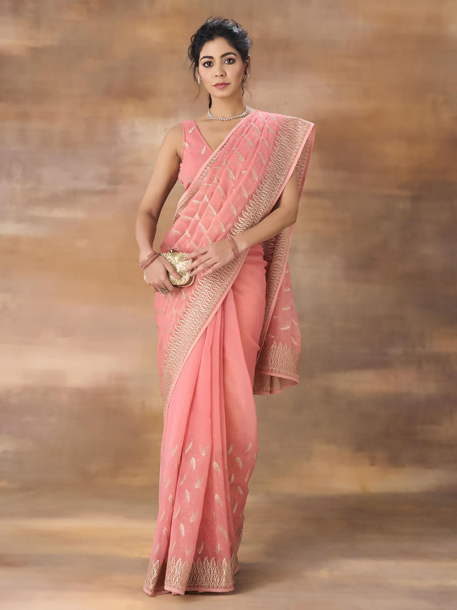 art silk pink embroidered saree with unstitched blouse