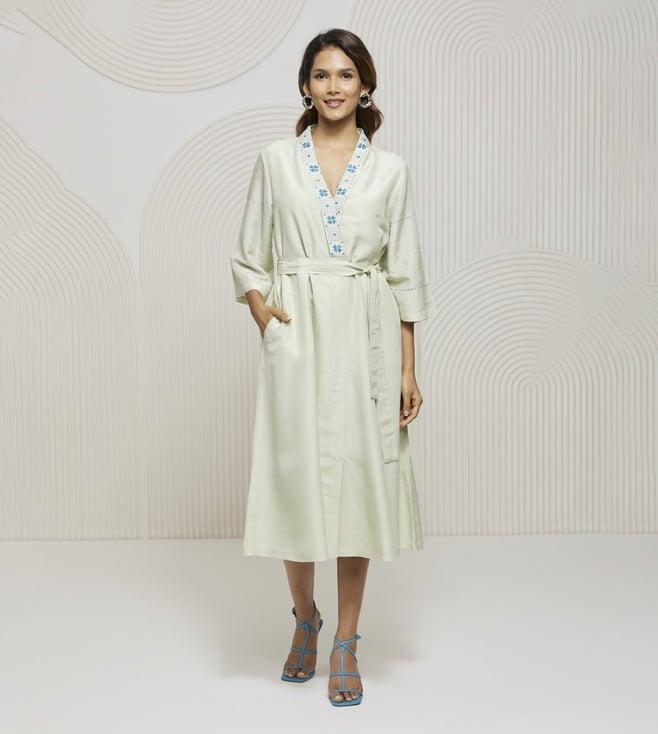 artagai cucumber kimono style dress with belt and embroidery at neck