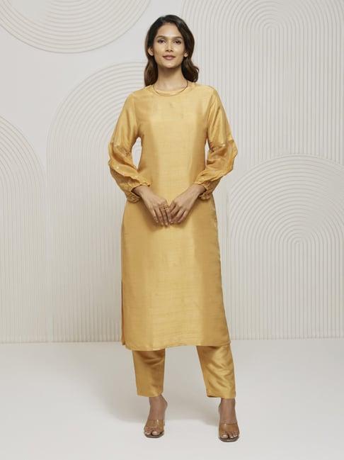 artagai gold earth kurta with half bishop sleeves and trouser