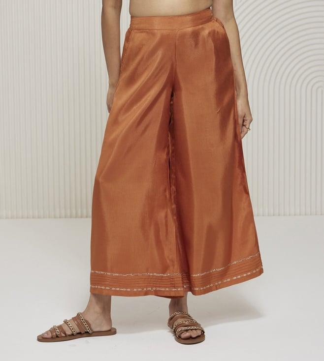 artagai gold flame elevated basics palazzo with pin tucks and embroidery at hemline