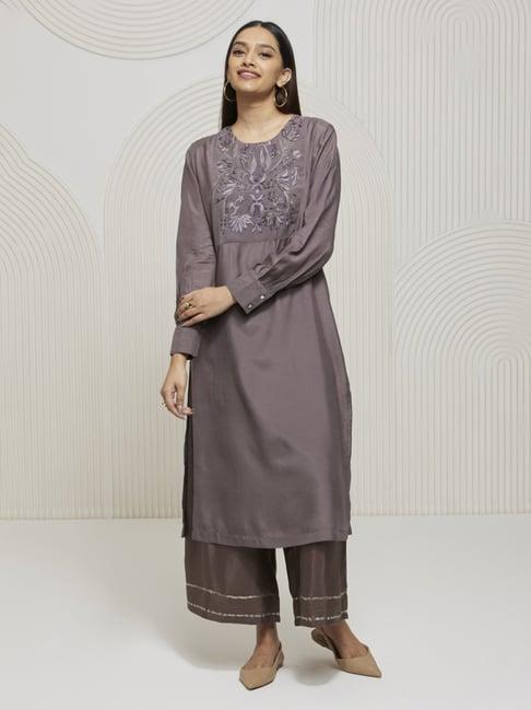 artagai granite grey kurta with embroidered yoke