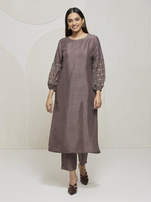 artagai granite grey kurta with half bishop sleeves and trouser