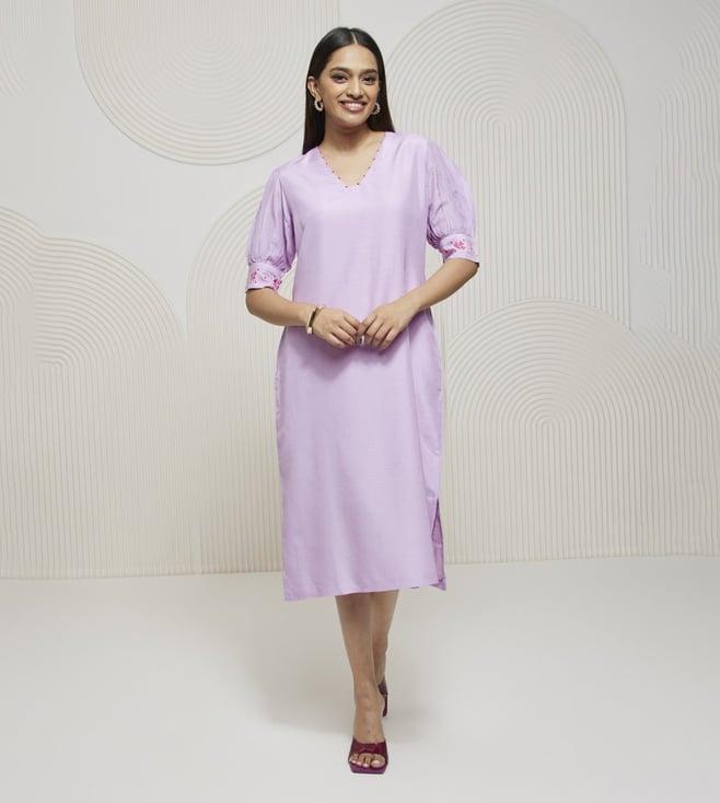 artagai lavender straight fit dress with slit on one and kantha embroidery on cuff