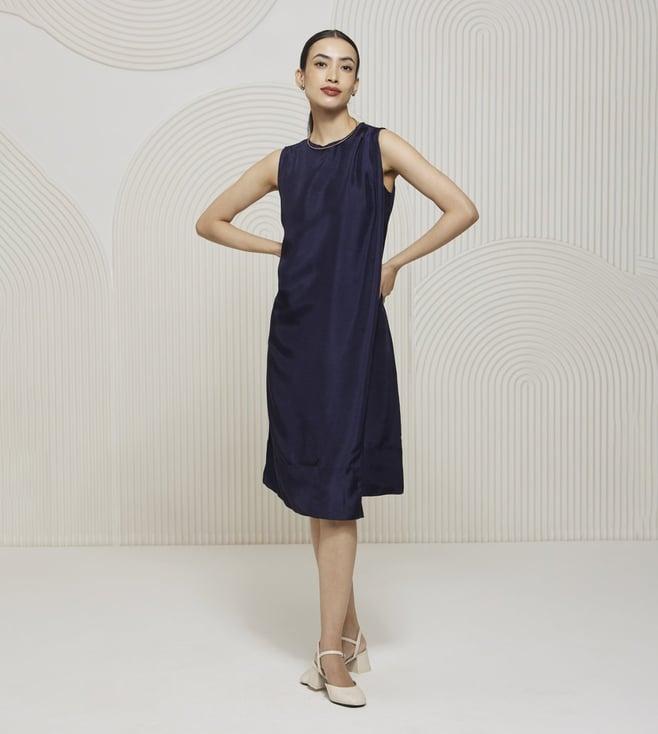 artagai navy peony elevated basics knee length dress with pleat detail at shoulder