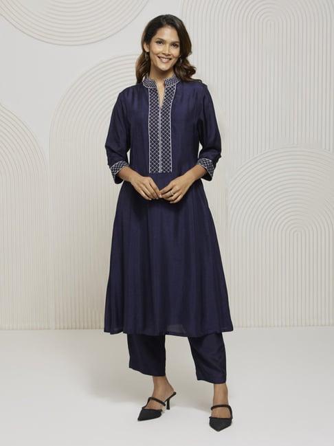 artagai navy peony romancing aari high neck kurta with embellished yoke and straight pants