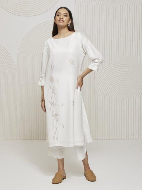 artagai off white kantha embroidered kurta with straight pants