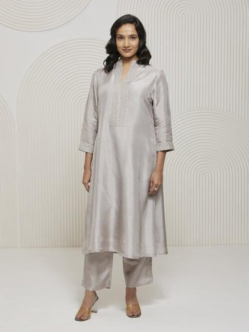 artagai pumice stone romancing aari high neck kurta with embellished yoke and straight pants