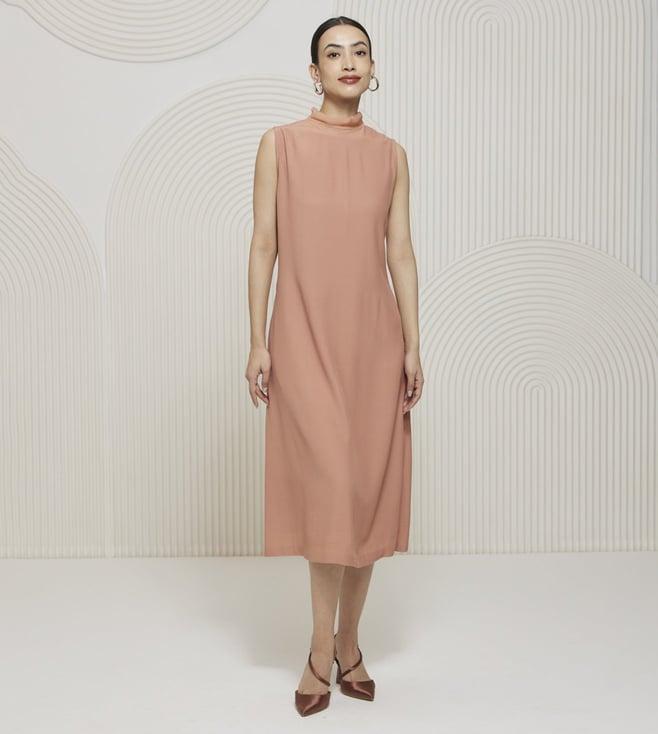 artagai salmon pink elevated basics mock neck midi dress