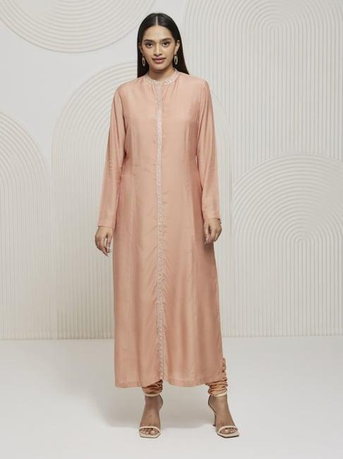 artagai salmon pink kashida embroidered kurta with churidar