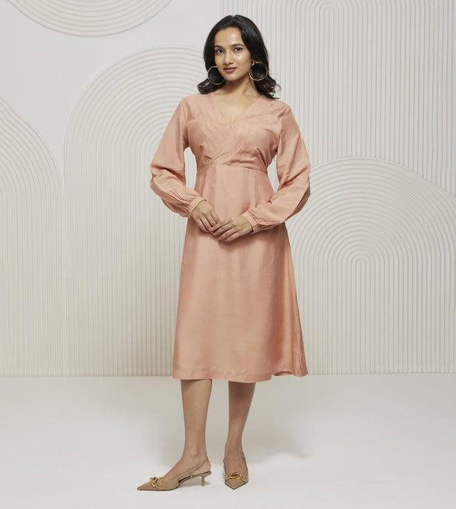 artagai salmon pink kashida pleated fit and flare dress with mukaish work on neck