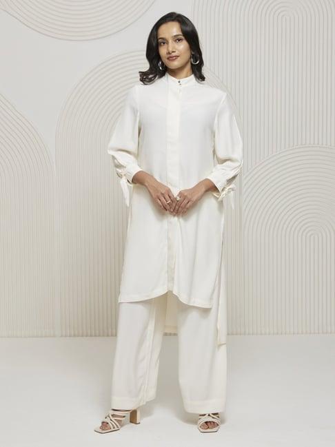 artagai snow white elevated basics broad concealed placket kurta with wide cropped trousers