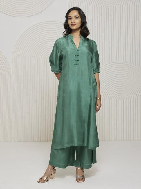 artagai teal green elevated basics bend collar kurta with frog-fasteners and mild bishop sleeve wide leg pants