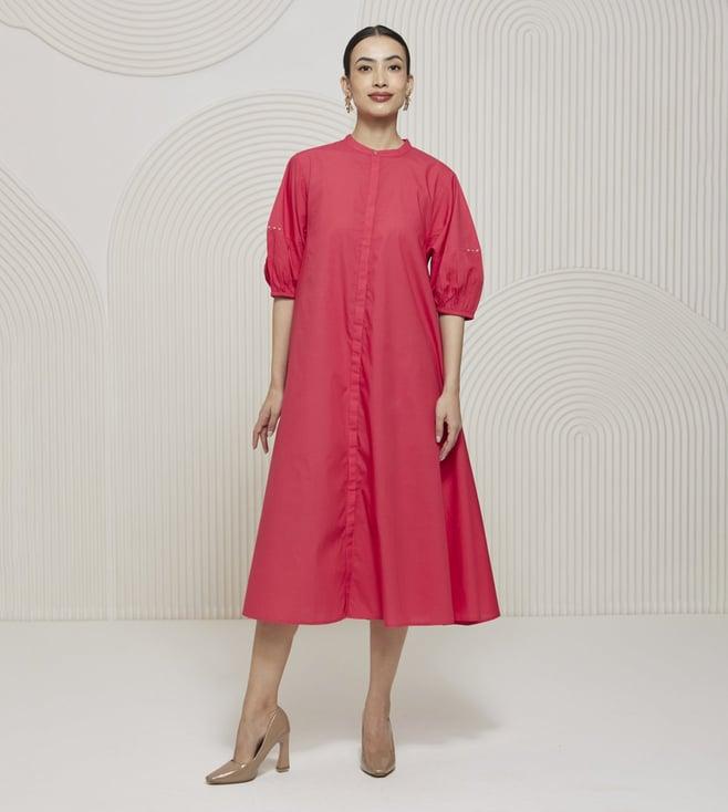 artagai viva magenta elevated basics flared calf length dress with balloon sleeves and kantha embroidery detailing