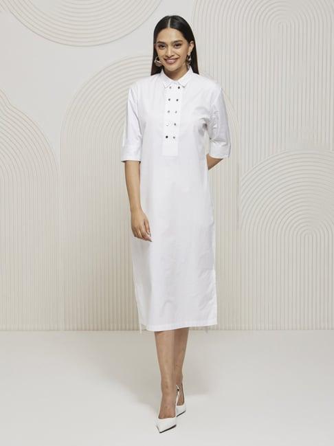 artagai white shirt dress with metal button detall