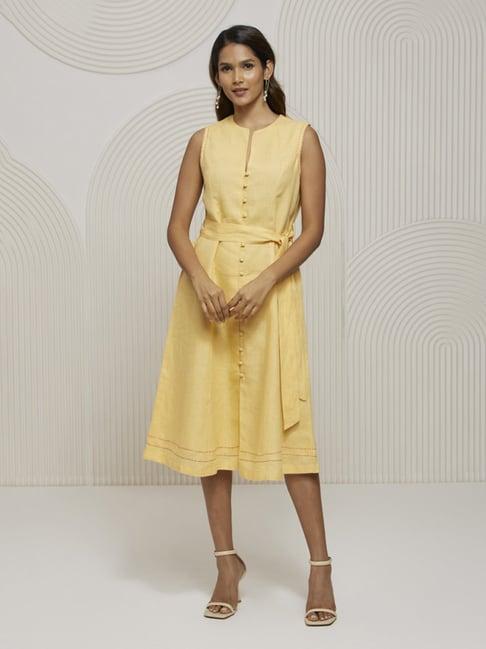 artagai yellow front open fit and flare dress