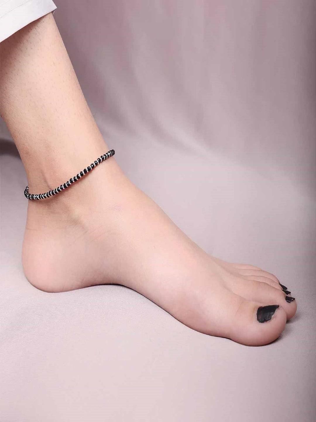 arte jewels black silver plated artificial beads studded anklet