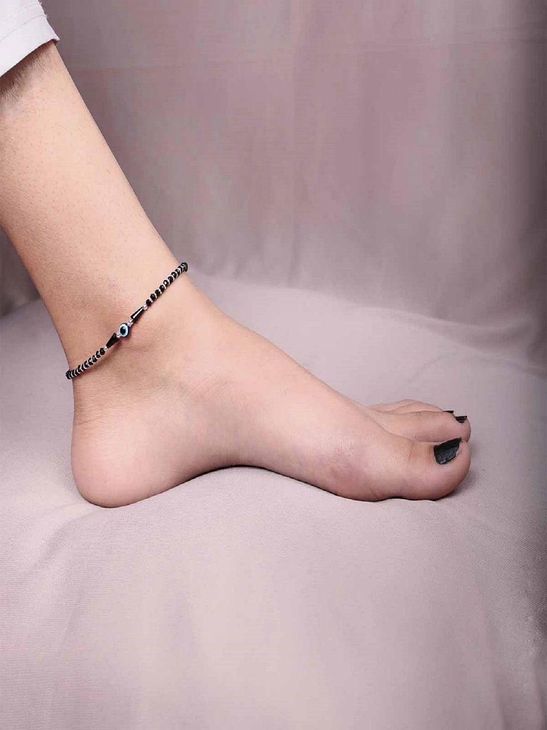 arte jewels black silver plated artificial beads studded anklet