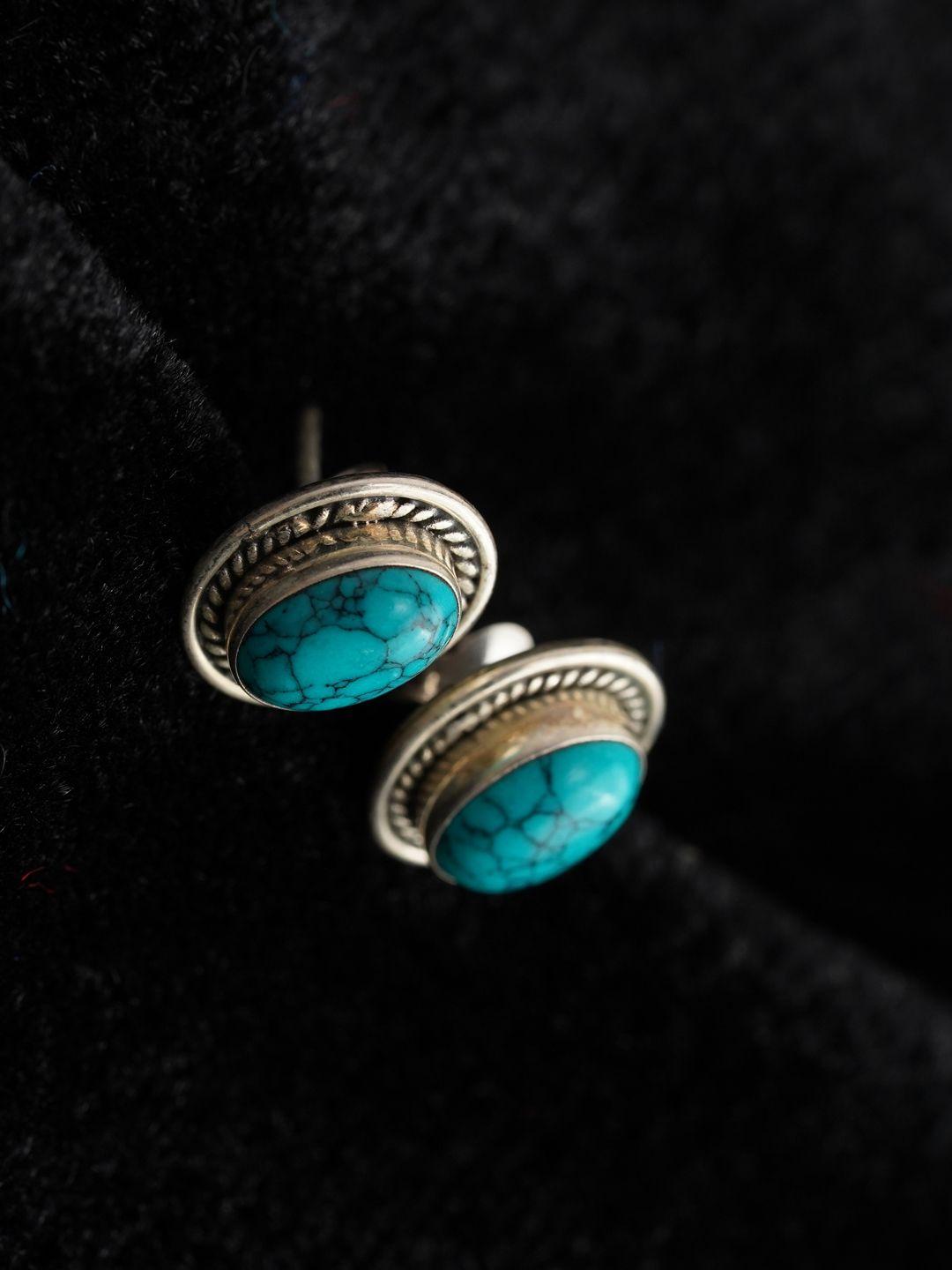 arte jewels turquoise blue & silver-toned tribal circular studs earrings