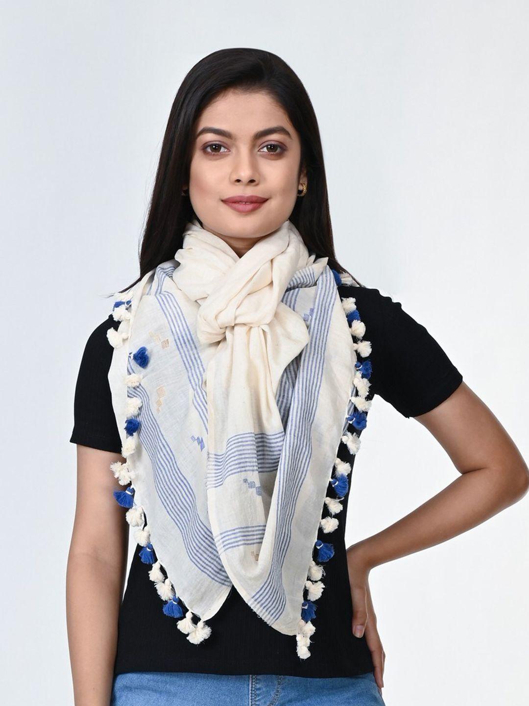 arteastri women cream-coloured & blue woven design pure handloom jamdani cotton stole