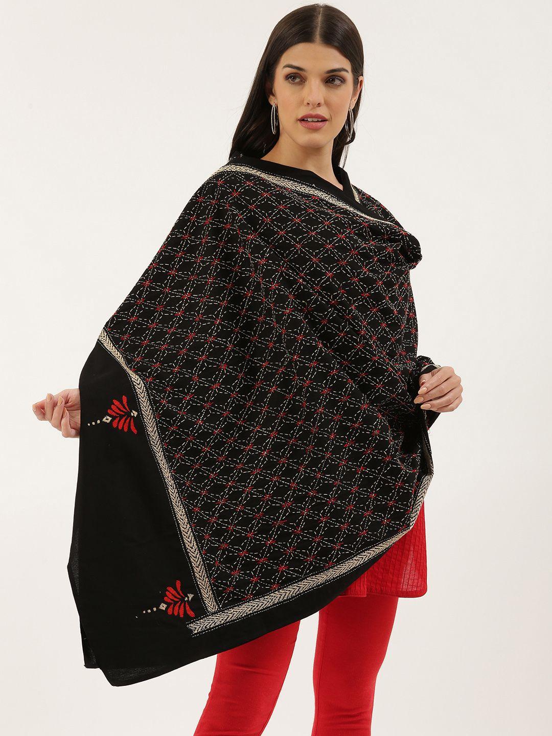 arteastri black & cream-coloured ethnic motifs embroidered pure cotton dupatta with kantha work