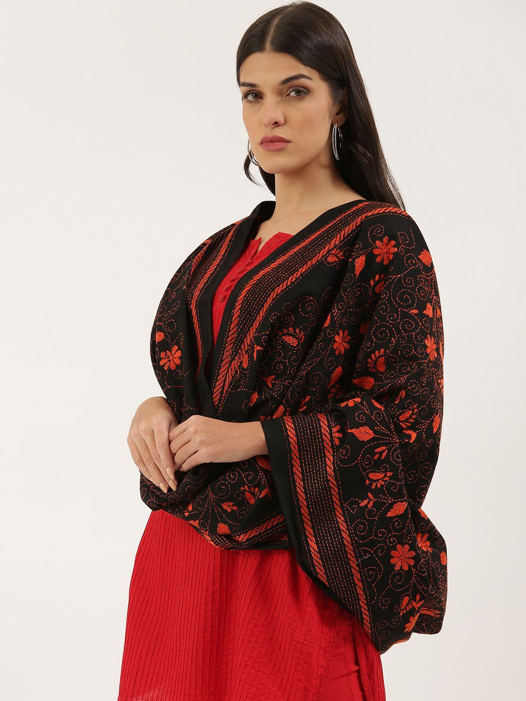 arteastri black & orange ethnic motifs embroidered pure cotton dupatta with kantha work